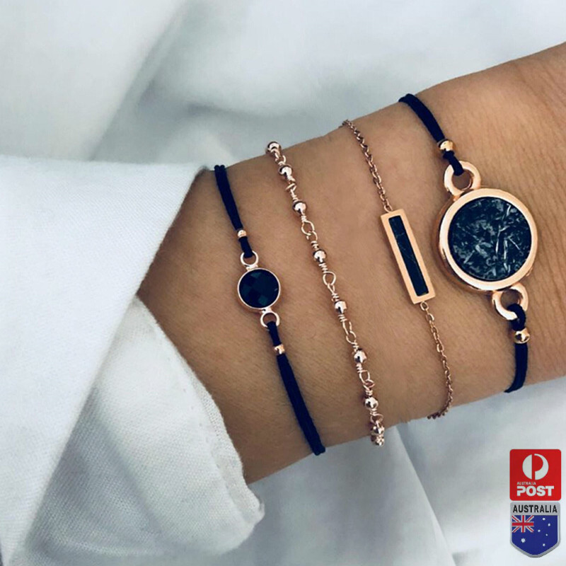 4Pcs/Set Women Bohemia Bracelet Set  Black Round Stone Gold Beads Chain Jewelry