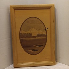 Wood Art Hudson River Inlay Marquetry Framed MOUNTAIN Signed Nelson