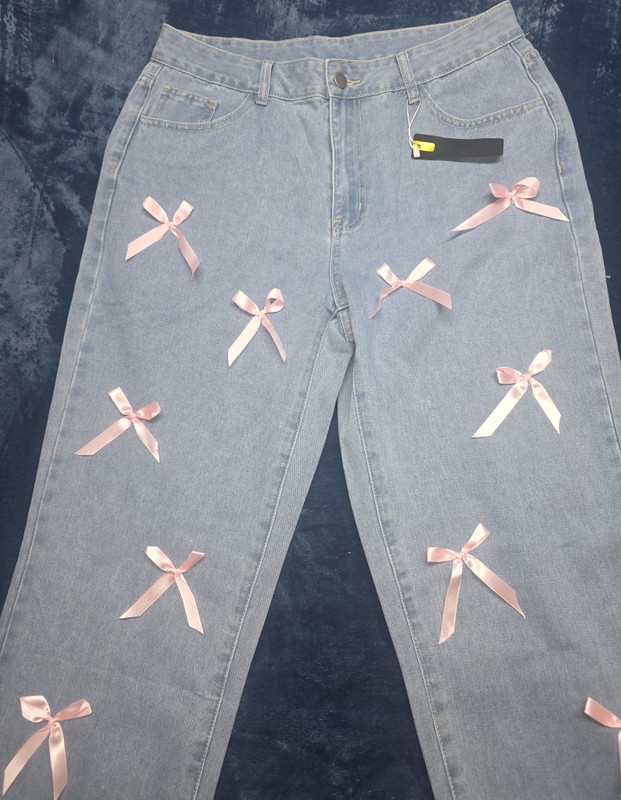 GILIPUR Women's Bootcut Light Wash Blue Denim Jeans XL 5-Pocket Bow Accents