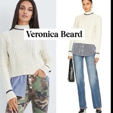 Veronica Beard Fritz Mixed Media Sweater Women Sz L Ivory/Navy Modern Preppy EUC