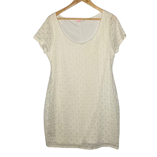 OFF WHITE Abito Isaac Mizrahi bianco sporco pizzo occhiellato manica corta taglia XXL