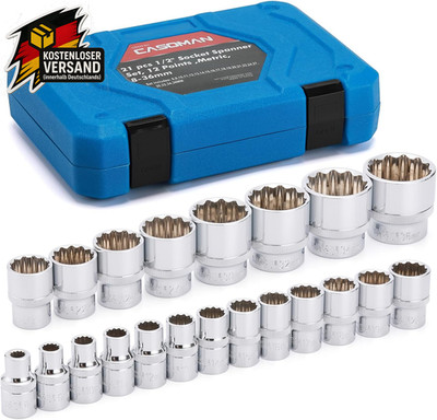 CASOMAN 21PCS 1/2-Inch Socket Spanner Set, 8-36Mm, CR-V Steel, Multi-Tooth Nuts