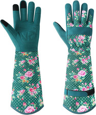 Gardening Gloves for Women - Long Garden Gloves with Grip Dark Green - Pink Flow
