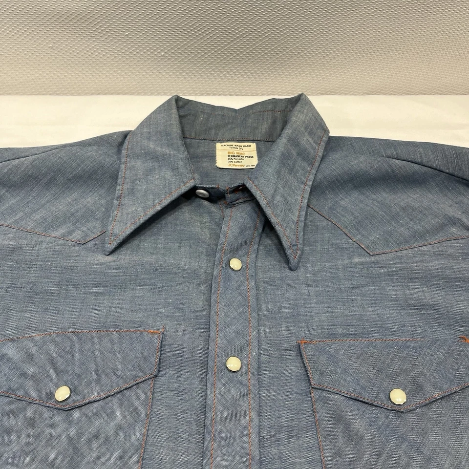 Vintage 60s JC Penny Big Mac Permanent Press Pearl Snap Blue Work Shirt - Stain - Image 3 of 4