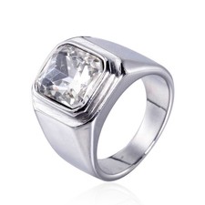 Vintage Square White CZ Wedding Ring Stainless Steel Men's Biker Ring Solid Back