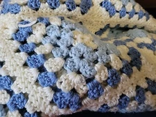 Granny Square Afghan Light Blue, Cream color Vintage 68x80