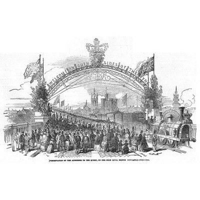 Ankunft des Royal Train at Newcastle upon Tyne Railway - antiker Druck 1849