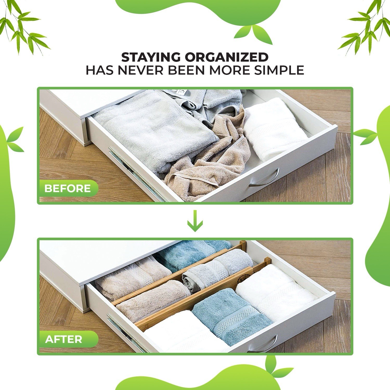 Adjustable Bamboo Drawer Organizers Set of 4 Expands 17.5 to 21.5 Inches