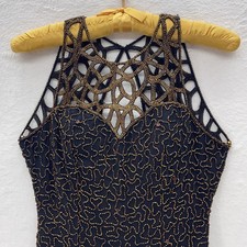 VTG Scala GOWN Black Gold Beads Sequin Silk Dark Goth Sz S Art Deco Gatsby Y2K