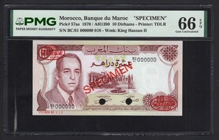 Morocco 10 Dirhams 1970/AH1390 P57as "Specimen" Uncirculated Grade 66