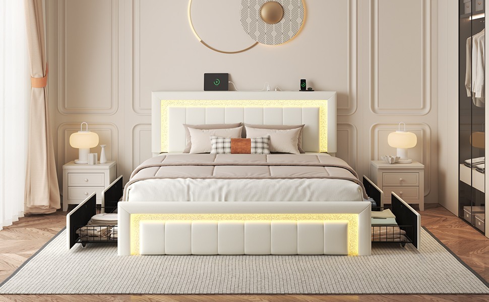 With Upholstered Led Headboard＆4 Storage Drawer, Charging.
