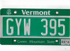 VERMONT passenger 2018 license plate "GYW 395"