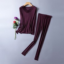 50 Silk 50 Viscose Women Lace Neck Warm Thermal Underwear Set Long Johns XS383