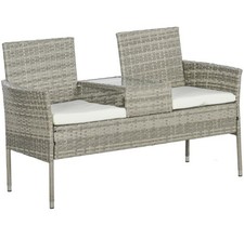 Rattan Garden Bench Glass Tea Table Wicker Chair Comfort Cushions Furniture Grey