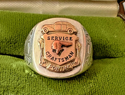 Vtg PONTIAC SERVICE CRAFTSMAN Mechanic AWARD RING; Chief's Head; 10K on Sterling