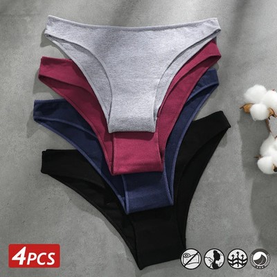 4pc Seamless Cotton Panties Solid Color Briefs Low Waist Breathable Underwear