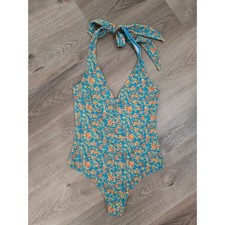 Free People Blue Floral Ribbed Bodysuit Halter Neck High Cut V-Neck