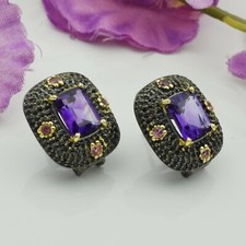 Amethyst Gemstone Sterling Silver Pink Blue Sapphire Pave Stud Earrings Jewelry