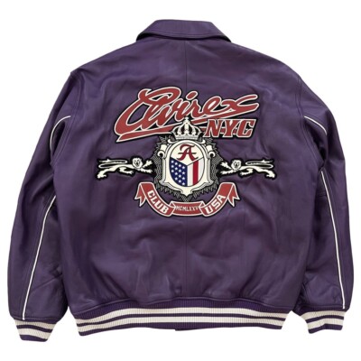 Men's Avirex Purple Bomber Jacket Genuine Leather Varsity