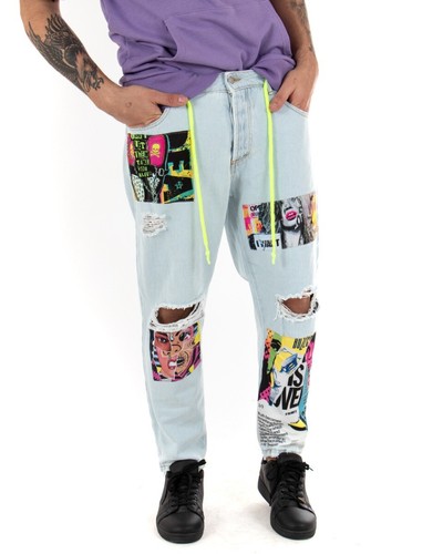 Jeans Uomo Stampe Lungo Pantalone Denim Chiaro Rotture GIOSAL | eBay