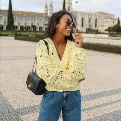 Cardigan Zara Jaune En Maille Alpaga - Boutons Décoratifs 'Jewel' - Taille M - Occasion Très Bon État