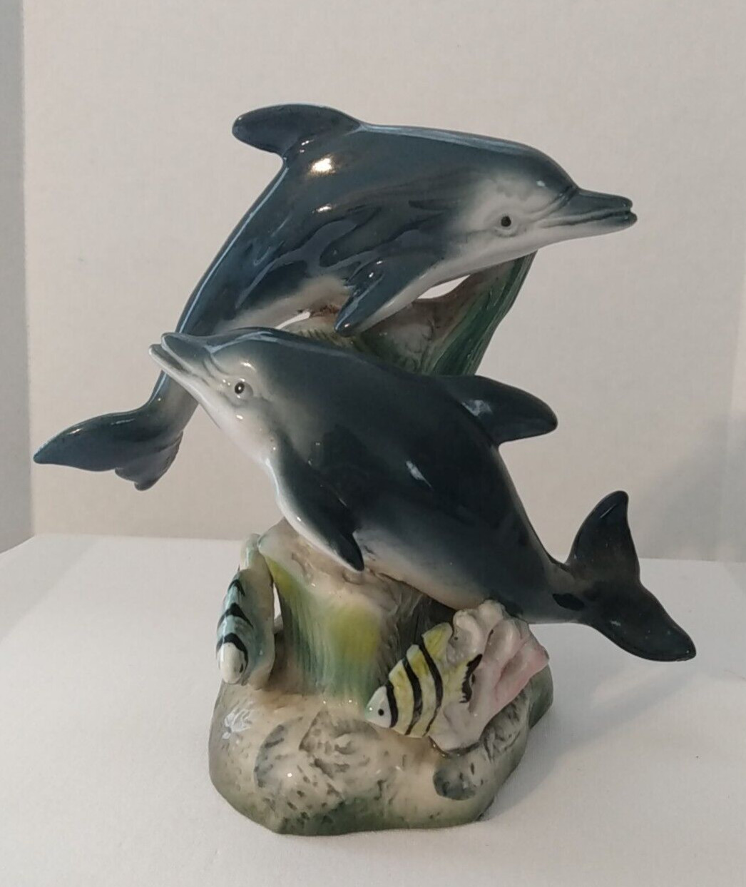Dolphins Zebra fish Swimming Around Sea Grass on Coral Reef Ceramic Figurine