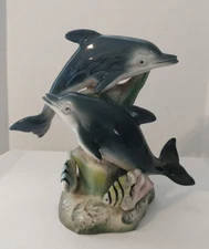 Dolphins Zebra fish Swimming Around Sea Grass on Coral Reef Ceramic Figurine