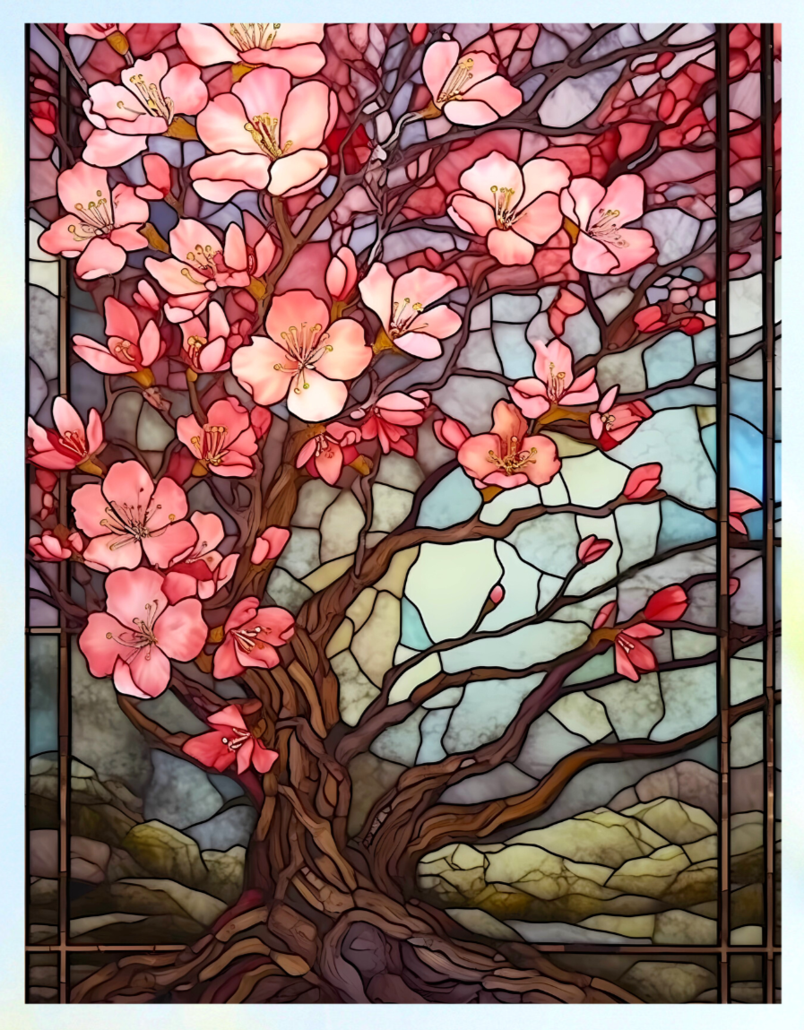 Cherry Blossom Tree Faux Stained-Glass WINDOW CLING Size 10.3