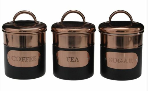 Vintage Style Black & Copper Tea Coffee Sugar Containers