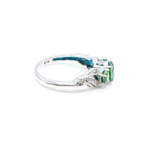 Sterling Silver Emerald Three-Stone Diamond Accent Ring Size 5.25 - Picture 3 of 5