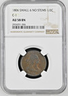 1806 C-1 AU58 BN Sm 6, No Stems Draped Bust Half Cent Coin 1/2c Conserved by NGC