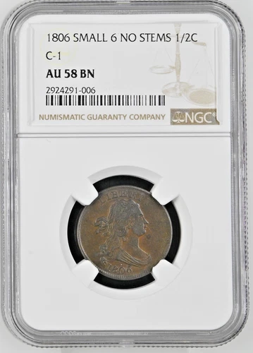 1806 C-1 AU58 BN Sm 6, No Stems Draped Bust Half Cent Coin 1/2c Conserved by NGC