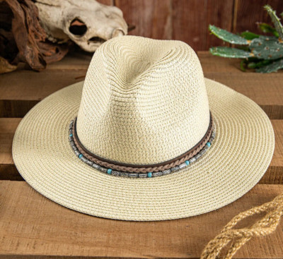 New! Women's Tan Large brim PANAMA HAT w/ Turquoise & Silver beads Leather bands