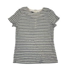 Talbots Women S/S Blouse Shirt Top Crew Neck Striped Thin Knit White Gray Sz MP