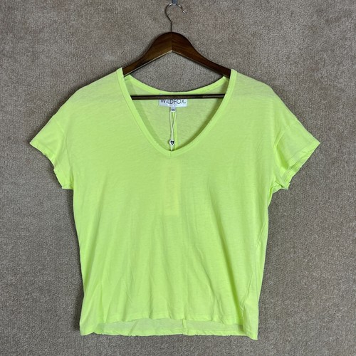 Wildfox Chrissy T-Shirt Women Size XS Lime V-Neck Short Shoulder Sleeve Knit NEW - Picture 2 of 12
