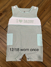 Green/White Gingham Sleeveless Romper 12-18M "I Love Daddy" Pockets Snap