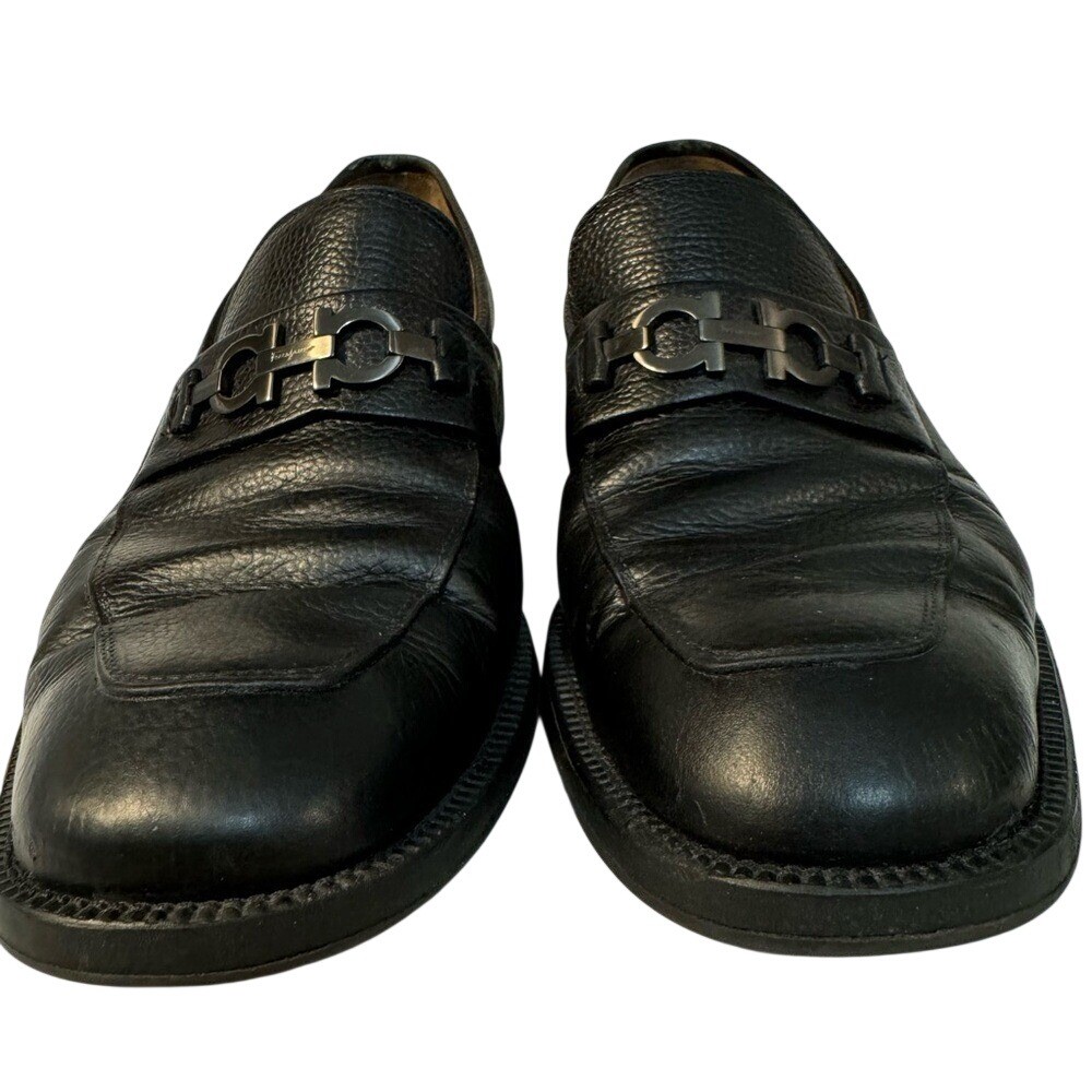 FERRAGAMO Pebbled Leather Black Moccasin Loafers, Gancini  display picture 1
