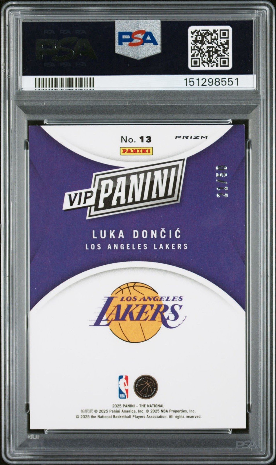 2025 Panini NSCC VIP GOLD #13 Luka Doncic Purple Sparkle /50 Auto PSA 9 LAKERS view 2