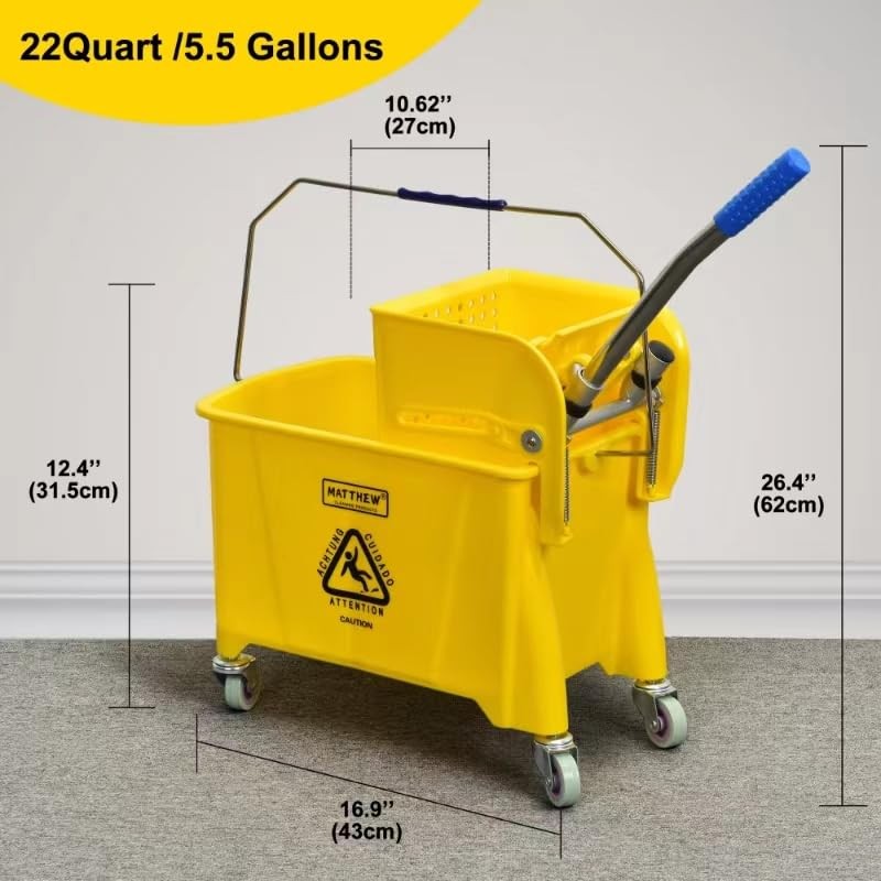 Matthew Cleaning 22 Quart Compact Mop Bucket INCL.2 Pack Mop Head with Side P...