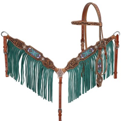 Showman Leather Headstall & Breast Collar Set w/ Beaded Inlay & Turquoise Fringe