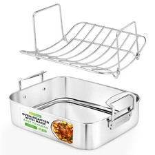 NutriChef 14-Inch Stainless Steel Roasting Pan with Wire Rack & Built-In Handles