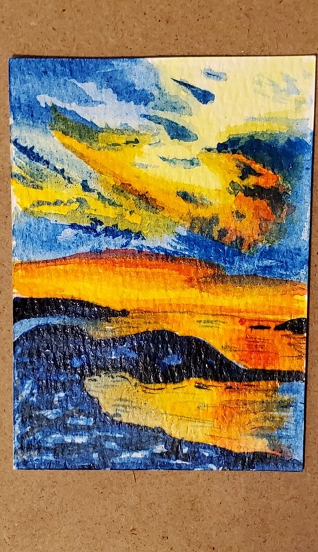 ACEO Original Art Signed Watercolor Colorful Sunset at Beach Shore