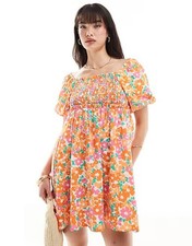 wednesday girl womens smock dress orange bloom floral print short sleeve size l