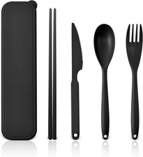 Reusable Travel Utensils Set with Case Portable Cutlery Fork Spoon Knife Black
