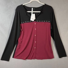 NY Collection Women's Jeweled Long Sleeve Button Top Size 1X Wine Colorblock NWT