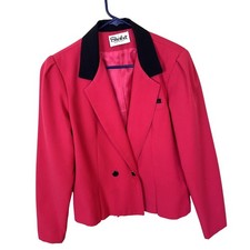 Vtg Womens Sherbet Pink Blazer Double Breasted Black Collar USA Large 80s