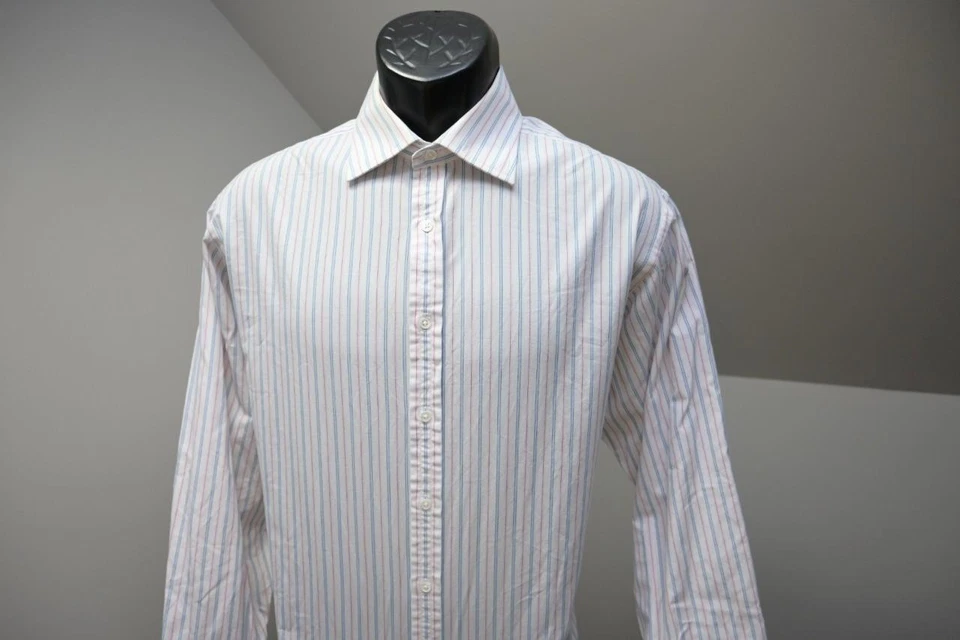 Camisa de Vestir Thomas Rosa Abotonada Diseñador Rayas Para Hombre Grande 16.5 33/34 Larga Foto 3 de 4