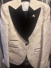 Deji  Kola Ivory/Gold Floral Jacquard One Button Tuxedo Jacket, Black Lapels