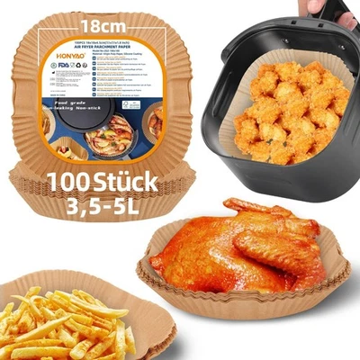 HONYAO Backpapier für Heißluftfritteuse 3,5-5 L 100 Stück 18x18 cm Eckig Air fryer