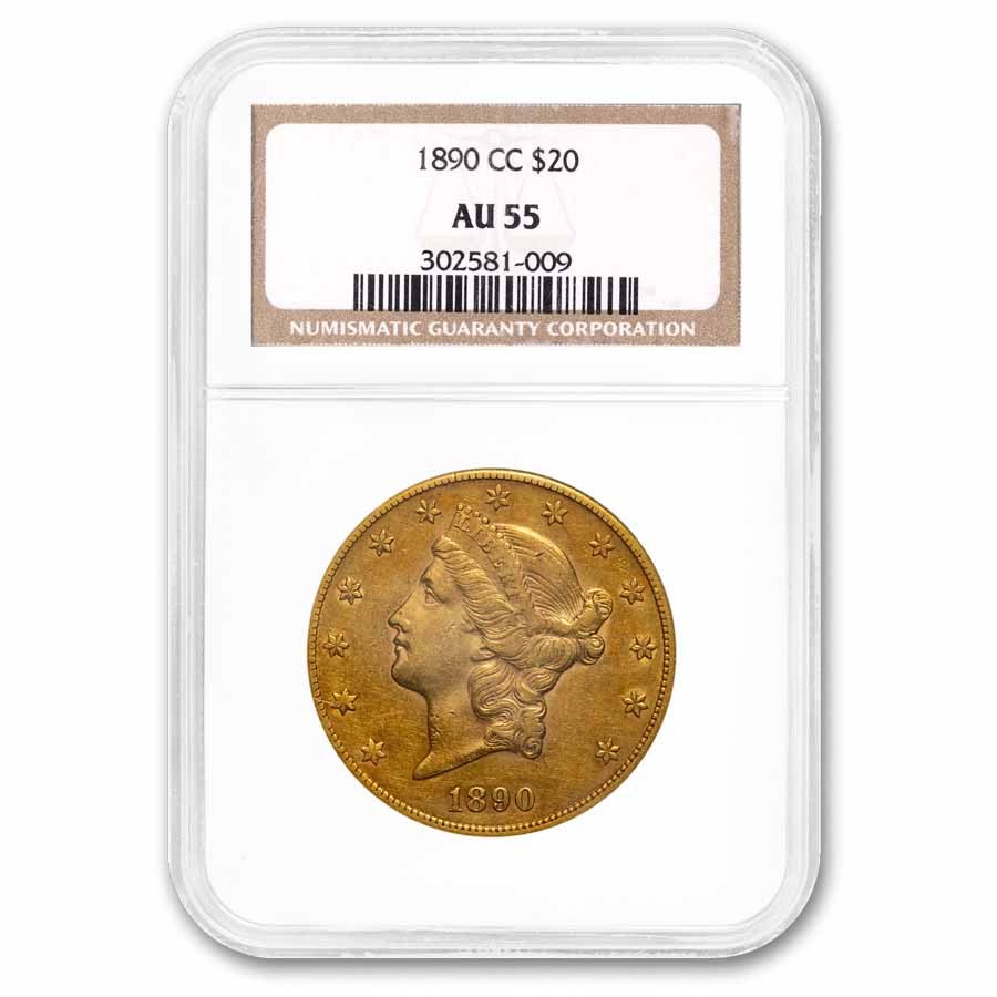 1890-CC リバティゴールドダブルイーグル 20ドル カーソンシティコイン - NGC AU58 - 9,500ドル相当